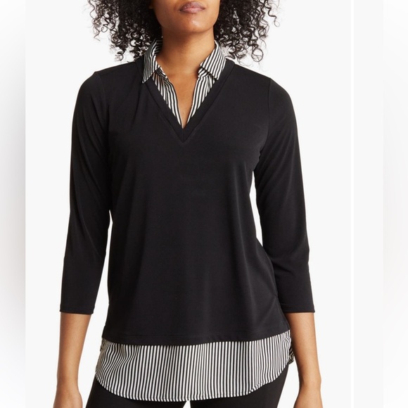 Adrianna Papell Black and Tan 3/4 Sleeve Button Down Shirt - Picture 6 of 6